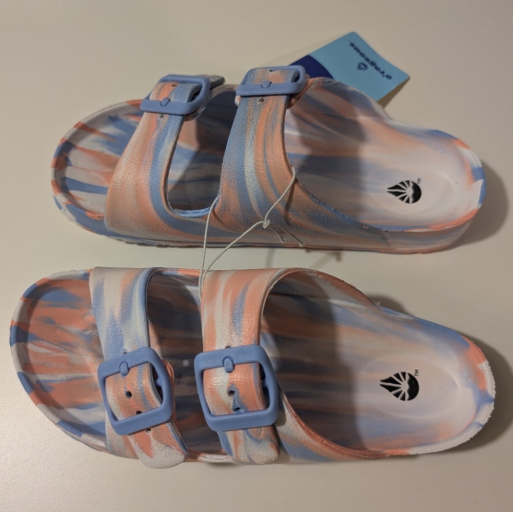 NWT O'rageous Women's Size 6 2 Buckle Swirl Sandals Blue and Pink - Picture 2 of 10